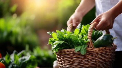 Farmer's weathered hands holding a wicker basket overflowing with homegrown organic vegetables, sunlit and fresh from the garden, evoking wholesome rural harvest abundance - Powered by Adobe