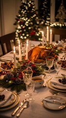 Elegant Christmas dinner table setting with roasted turkey and festive decorations