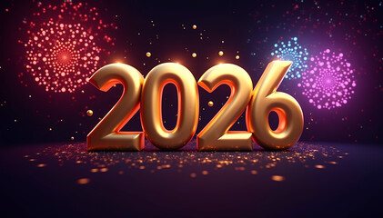 Golden 2026 numbers with vibrant fireworks and confetti