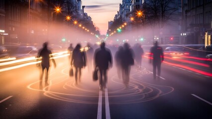 City street at dusk with people walking.