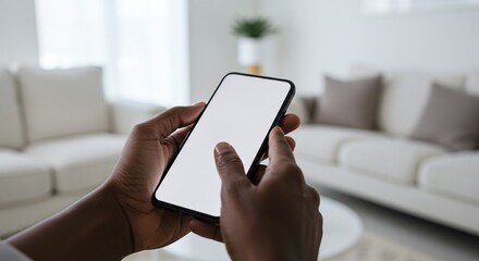 A persons hands holding a smartphone with a blank white screen, ideal for design mockups.Concept of digital technology and mobile connectivity.