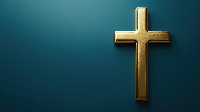 gold cross on a blue background, a symbol of christianity and faith, design element for decoration, copy space, minimalistic design