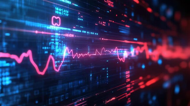 Modern abstract background featuring a colorful digital sound wave analyzing intricate financial information, symbolizing technology, data analysis, and advanced audio engineering