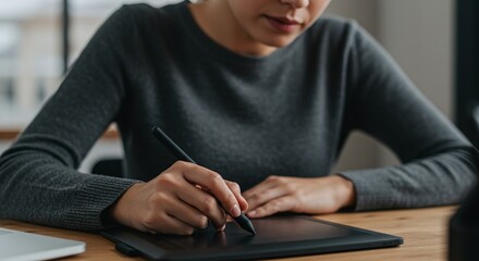Hands hold and interact with a digital tablet screen, highlighting modern business and technologyConcept of digital technology and business productivity