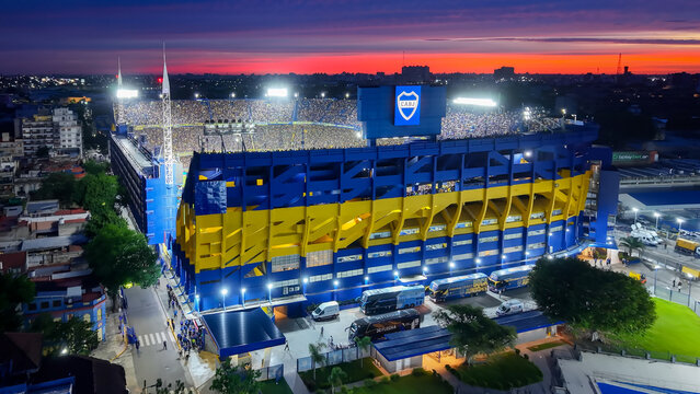 Buenos Aires, Argentina, December 21, 2025: Beautiful aerial view of Boca Juniors' "La Bombonera" football stadium at sunset.