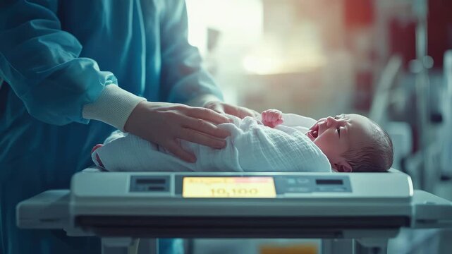 Medical staff carefully placing a crying newborn baby, wrapped in a blanket, on a digital scale for a routine weight check in a modern hospital maternity ward after birth