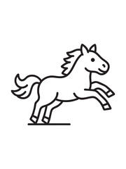 A minimalist black outline icon depicting a stylized, happy horse galloping or running, perfect for logo design, children's content, or simple vector graphic applications