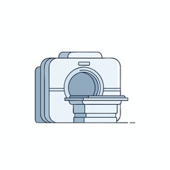 A medical scanner with a table, in blue shades on white, simple flat design