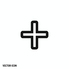 A centered thick black plus symbol on a white background with a "Vector Icon" label