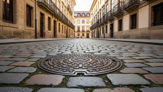 Historic european street with symmetrical architecture and ornate manhole cover in urban setting - Powered by Adobe