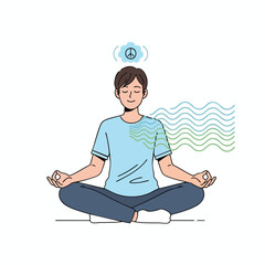 A meditating figure with a peace symbol, peaceful breaths, and crossed legs