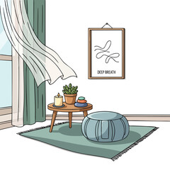 Room scene with a window and a picture reading "Deep Breath