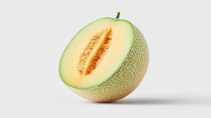 Fresh cantaloupe melon cut in half showing orange flesh and seeds on white background. Perfect for healthy eating and nutrition concepts
