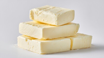 Blocks of fresh yellow butter stacked on white background