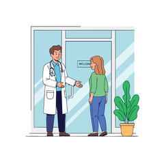 A doctor welcomes a patient inside a clinic in this illustration