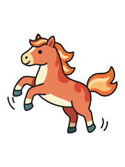 A cheerful cartoon illustration of a prancing or rearing pony, rendered in a cute vector style with thick black outlines and warm orange and brown colors, isolated on white