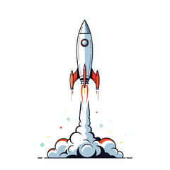 Cartoon rocket ship launching, creating smoke and exhaust, colorful sparks around it