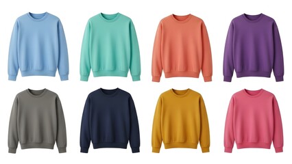 Eight colorful long sleeve sweatshirts on a white background for fashion and apparel design inspiration