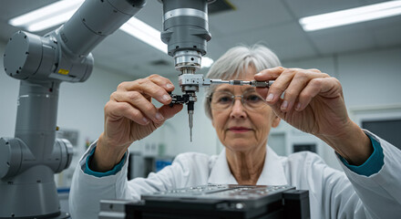 Robotics engineer adjusting the end of a robotic arm, symbolizing advanced technology and precision.Concept of robotics and artificial intelligence.
