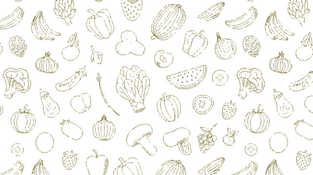 Minimal vegetable and fruit seamless repeat pattern, olive green monoline illustration, natural kitchen decor style