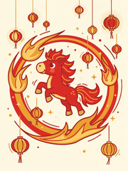 A colorful cartoon illustration of the Chinese Zodiac Horse surrounded by a fiery ring and hanging festive lanterns, symbolizing the Chinese New Year celebration