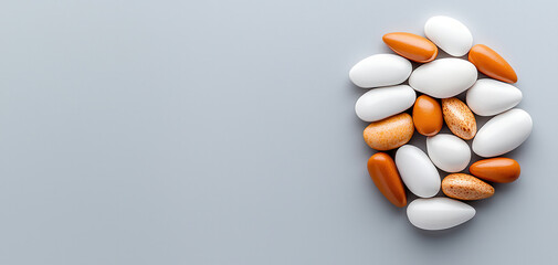Assortment of medicine tablets and capsules isolated on grey. Ideal for pharmacy banners, drug prescription ads, and health blogs. Clean studio shot representing cure and wellness