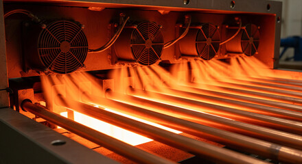 Medium shot of an air heating system in a copper extrusion die, showing fans blowing hot air over the copper rods to rapidly increase temperature and heat