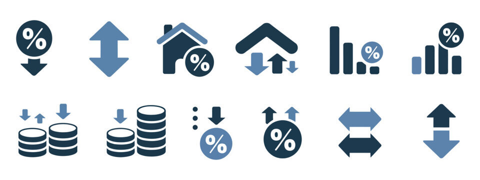 Low and High Interest Rate Symbols. Comprehensive collection of financial icons with up and down arrows representing inflation, investment profit, and debt management.