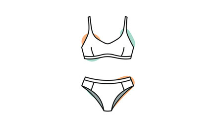 Obraz premium Simple line art illustration of a women s matching bra and underwear set with colorful abstract circles in the background for fashion.