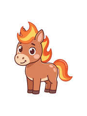 A cheerful and cute cartoon pony illustration featuring a brown body, large eyes, and a bright, stylized orange and yellow mane and tail, isolated on a white background