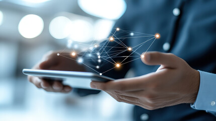 Digital network technology innovation connection data communication business tablet hand strategy spark collaboration modern setting, conveying progress and focus with glowing points linking