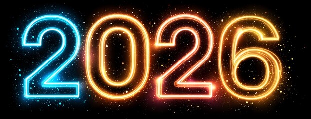 A vibrant and colorful representation of the year 2026, featuring glowing neon numbers against a dark background. Perfect for celebrating the New Year or planning future events.