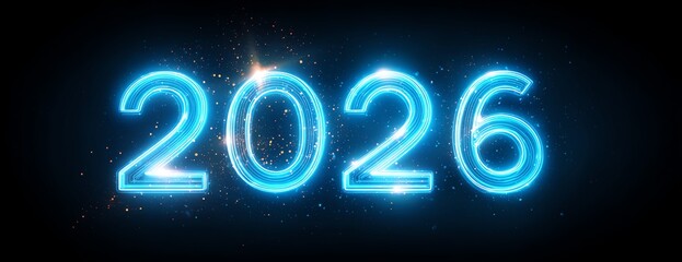 Futuristic representation of the year 2026 in glowing neon blue light, symbolizing innovation and modernity with a digital backdrop. Perfect for tech and futuristic themes.