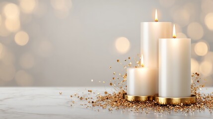Three elegantly arranged white candles with golden bases glowing softly against a blurred background, perfect for evoking a warm and inviting atmosphere in any setting.