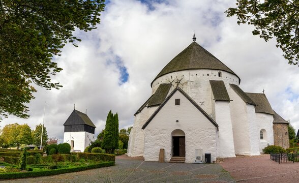 view of the historic Osterlars Church located on the Danish island of Bornholm