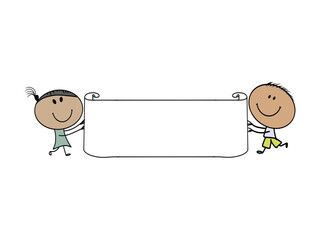 Cartoon stick figure drawing conceptual illustration of two happy kids holding blank sign.