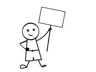 Cartoon stick figure drawing conceptual illustration of man holding blank sign or placard.