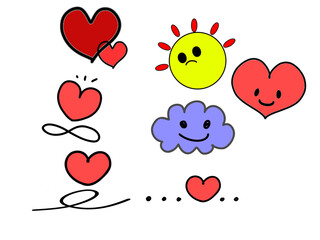 Set of hand drawn doodle hearts, clouds, sun and clouds