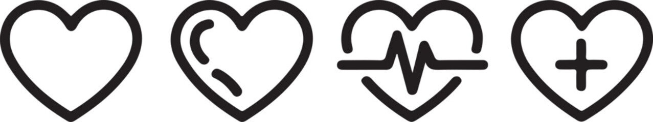 Line Art Heart Health Icons Medical Pulse, Care, and Wellness Symbols Set