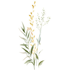 Watercolor wild botanical stems with soft leaves and minimal floral accents on black background