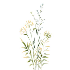 Watercolor wild botanical branches with small meadow flowers and soft greenery on black background