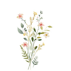 Watercolor wild botanical bouquet with soft pink flowers and golden foliage on black background