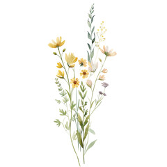 Fototapeta premium Watercolor wild meadow flowers bouquet with yellow blooms and soft greenery on black background