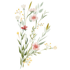 Watercolor wild floral branch with soft pink blossoms and delicate greenery on black background