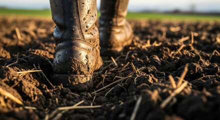 Close-up of muddy leather work boots standing in freshly plowed dark farmland soil during sunset