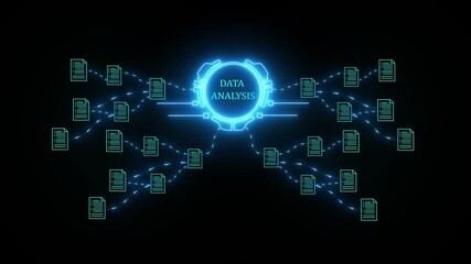 Neon blue data nodes connected in network flow diagram representing data analytics and digital transformation abstract concept with glowing lines and futuristic technology theme.4k video - Powered by Adobe