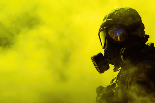 Cbrn soldier wearing gas mask stands in yellow smoke with protective gear and military uniform ready for hazardous environment