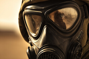 CBRN soldier wearing gas mask in desert environment with intense expression, protective gear reflecting harsh landscape, military uniform visible, focus on eye and mask detail