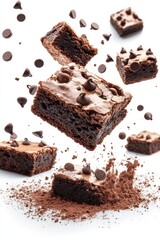 floating brownies with chocolate chips and cocoa powder splash, isolated on white background