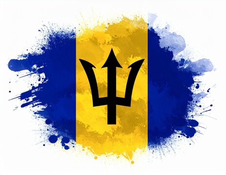 Barbados Flag with Black Trident in Paint Splatter Artistic Style